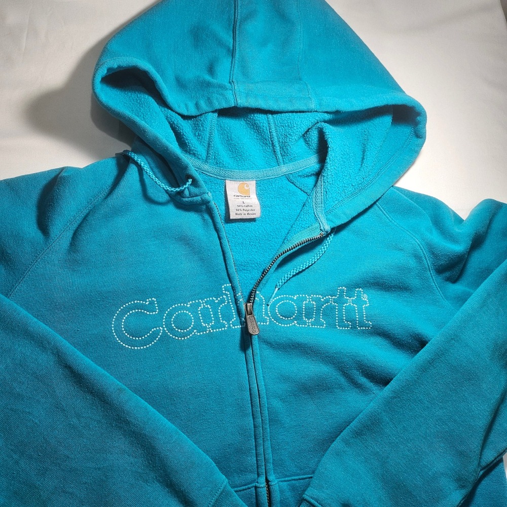 Carhartt Womens WK012 EBL Electric Blue Full Zip Logo Hoodie Sweatshirt Large
